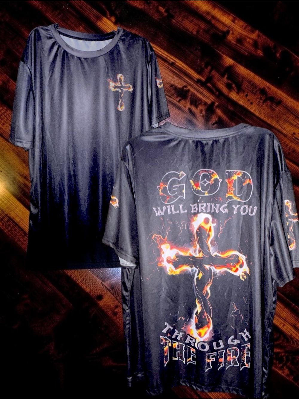 Black Graphic Tee with Flaming Cross & 'God Will Bring You Through The Fire' 3X